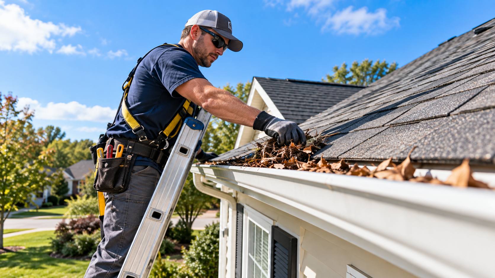 Fast Pro crew member cleaning a gutter on a Sunrise home