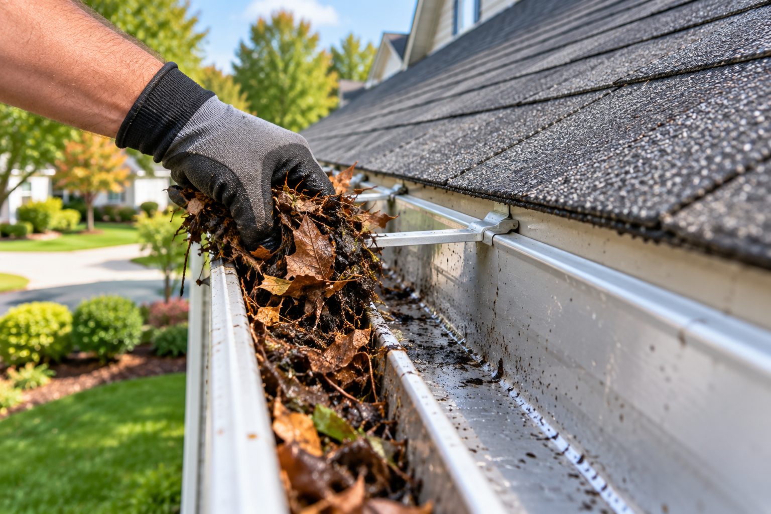 Hand-cleaning a gutter packed with debris in Sunrise