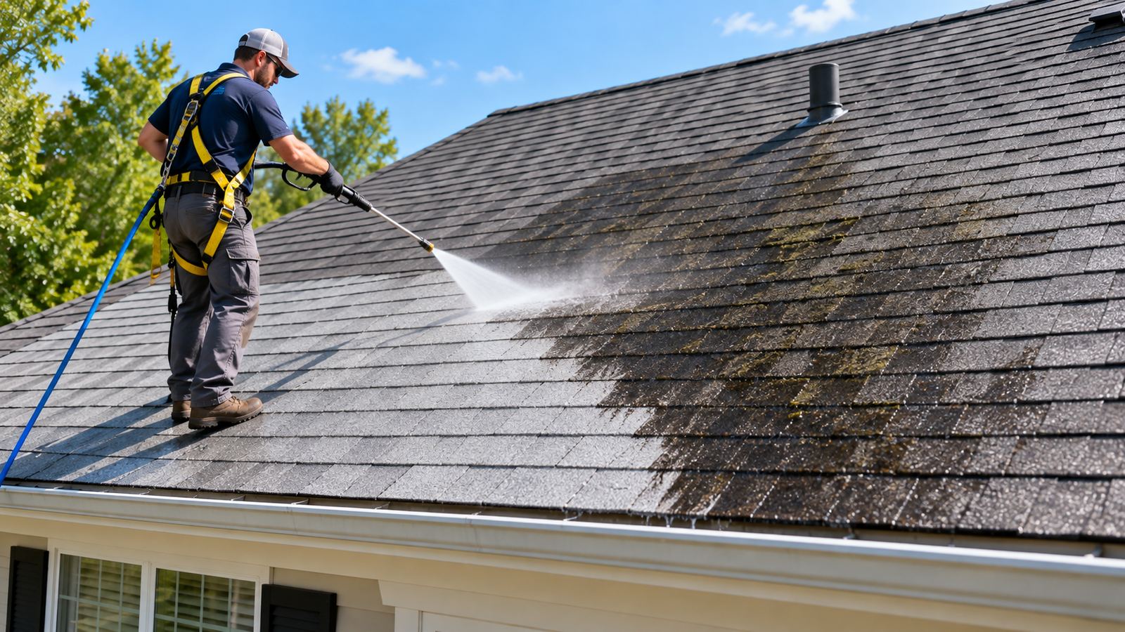 A roof mid-wash with a clean line against dark streaks at a Davie home