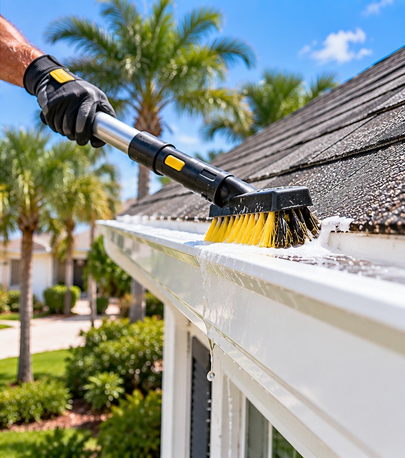 Fast Pro technician brightening a gutter on a Miramar home