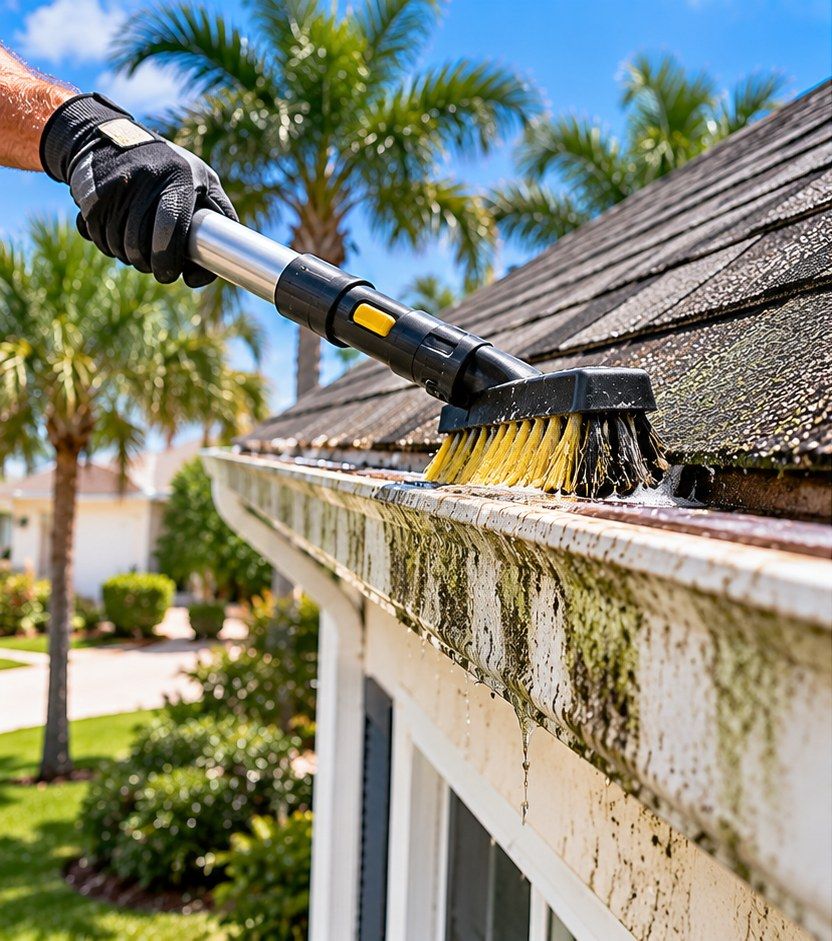 Before gutter brightening in Miramar: dark tiger stripes on the gutter face