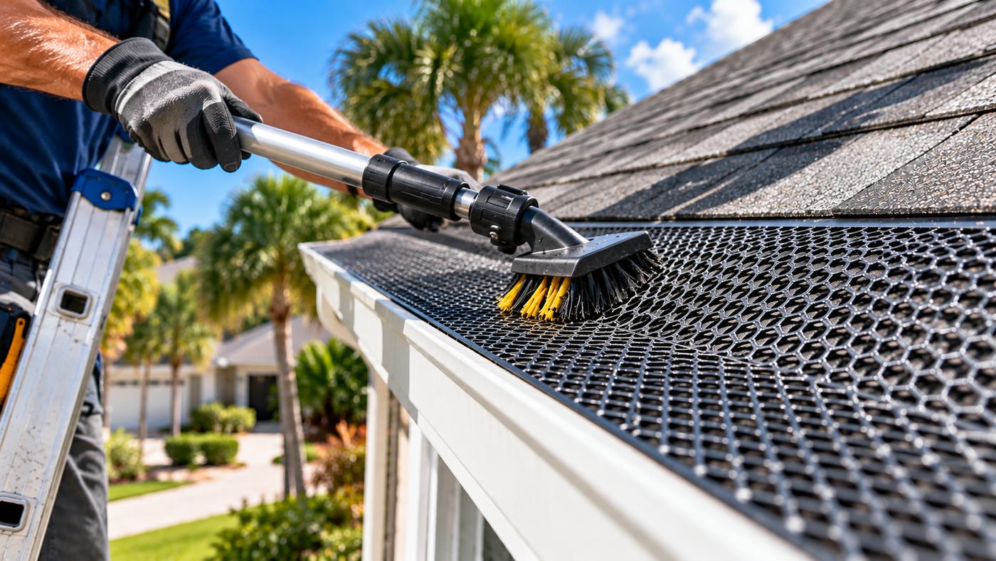 Fast Pro technician cleaning a gutter guard on a Miramar home